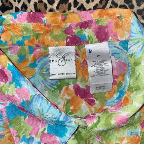 Vintage Sheer Floral Blouse Vibrant Print Artsy Short Sleeved Collared Button Do - Picture 4 of 7